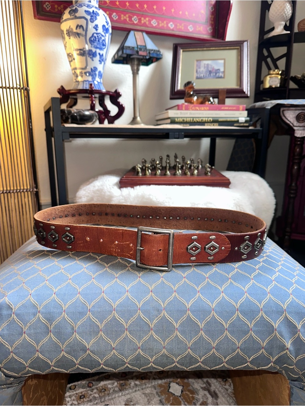 Free People Brown Studded Leather Belt with Geometric Metal Accents